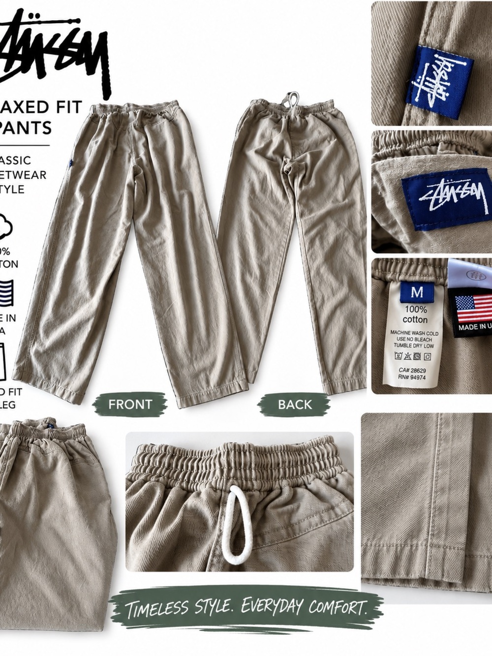 Vintage 90s Stussy Cotton Twill Beach Pants Tan Size Medium USA Made RN 94974